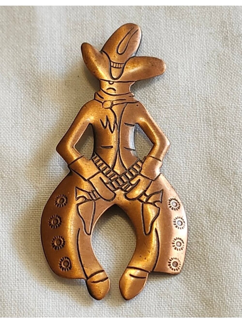 Vintage Bell Trading Post Solid Copper Cowboy Pin Brooch Whimsical Western Desig